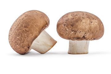 Fresh raw brown champignons mushrooms on a white background
