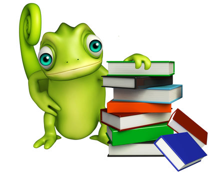 cute Chameleon cartoon character with book stack