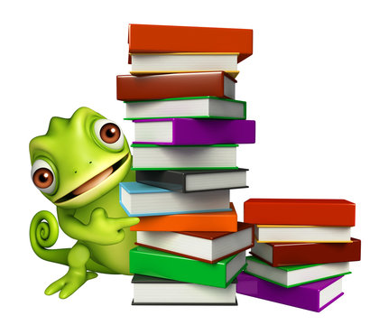 cute Chameleon cartoon character with book stack
