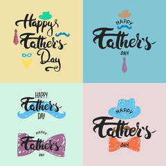 Happy Father's day lettering calligraphy greeting cards set with hat, mustache, bow tie, glasses, tie
