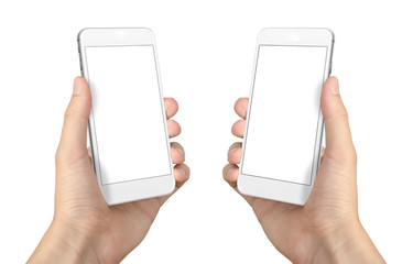 Smart phone in man hands. Isolated screen for mockup. Two sided isometric position.
