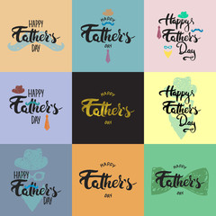 Happy Father's day lettering calligraphy greeting cards set with hat, mustache, bow tie, glasses, tie