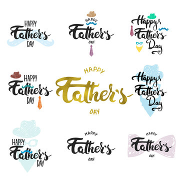 Happy Father's day lettering calligraphy greeting cards set with hat, mustache, bow tie, glasses, tie