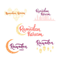 Ramadan Kareem greeting cards set background with moon, lanterns, lettering and mosque. Vector illustration for Ramadan