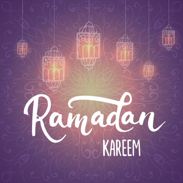 Ramadan Kareem shiny greeting card background with lanterns, lettering. Vector illustration for Ramadan