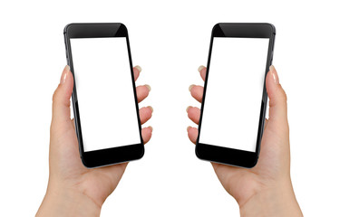 Smart phone in woman hands. Isolated screen for mockup. Two sided isometric position.