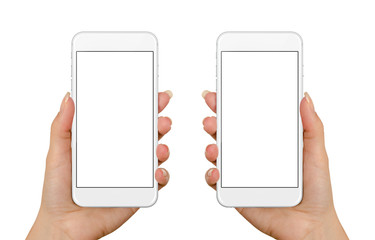 Smart phone in woman hand. Isolated screen for mockup. Left and right hand, front side.