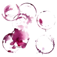 Fotobehang Wine glass painted with watercolors on white background. Study of a wine glass. Red wine. Abstract marks and stains on the glass. Marsala color  © vaneeva