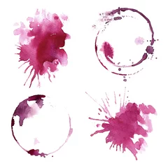 Fotobehang Wine glass painted with watercolors on white background. Study of a wine glass. Red wine. Abstract marks and stains on the glass. Marsala color  © vaneeva