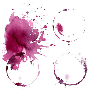 Wine glass painted with watercolors on white background. Study of a wine glass. Red wine. Abstract marks and stains on the glass. Marsala color 