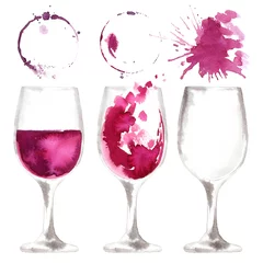 Deurstickers Wine glass painted with watercolors on white background. Study of a wine glass. Red wine. Abstract marks and stains on the glass. Marsala color  © vaneeva