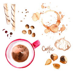 Coffee cup painted with watercolors on white background. The drink and sweets. Abstract watercolor spots, traces of coffee. Coffee beans.