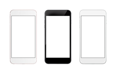 Isolated smart phone. Front side isolated screen for mockup. Three colors.