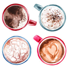 Coffee cup painted with watercolors on white background. The drink and sweets. Abstract watercolor spots, traces of coffee. Coffee beans.