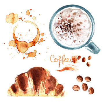 Coffee cup painted with watercolors on white background. The drink and sweets. Abstract watercolor spots, traces of coffee. Coffee beans.