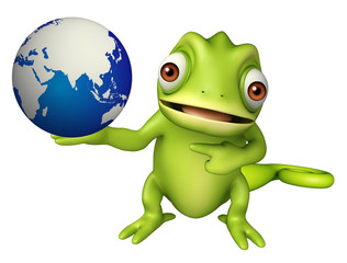 Chameleon cartoon character with earth