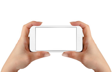 Smart phone in woman hands. Horizontal position. Isolated screen for mockup.