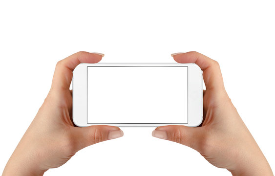 Smart Phone In Woman Hands. Horizontal Position. Isolated Screen For Mockup.