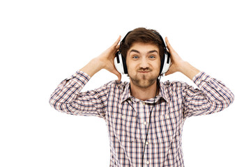 Portrait of handsome funny young man, in head phones