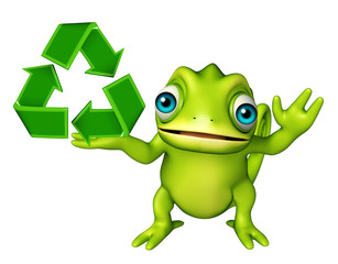 Chameleon cartoon character with recycle sign