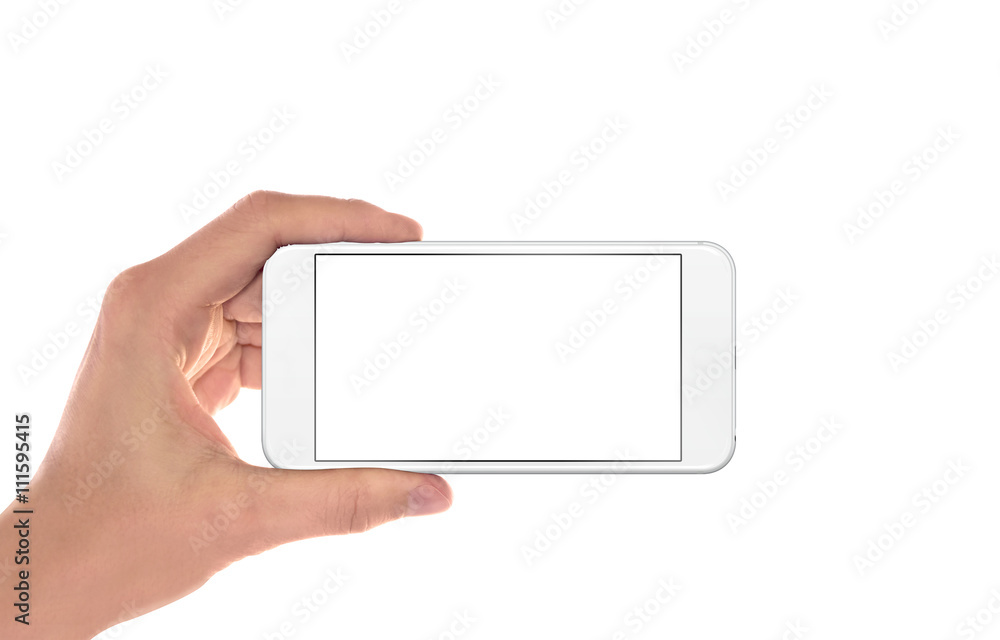 Aufkleber smart phone in man hand. horizontal position. isolated screen for mockup.