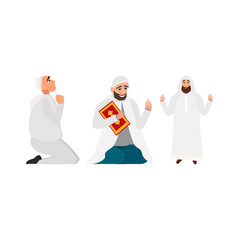 Set islamic man in a white robe with karan pray