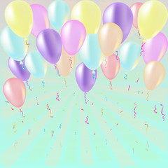 Birthday card with colorful balloons and confetti on blue backgr