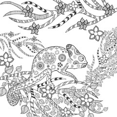 Cute chameleon in flowers. 