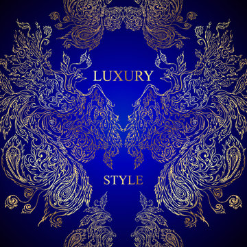 Pattern of birds and feathers on dark blue background. Luxury st