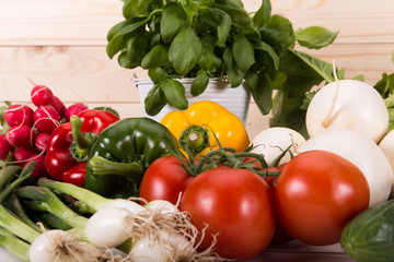 Fototapeta na wymiar Gemüse, Paprika, Tomate, Mairübchen, Gurke und Radieschen dekoriert