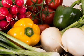 Gemüse, Paprika, Tomate, Mairübchen, Gurke und Radieschen dekoriert