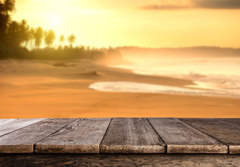 Naklejka na ściany i meble Summer sandy beach with wooden planks