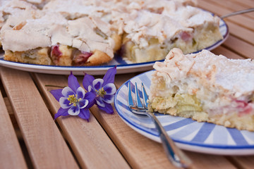 Rhabarberkuchen auf einem Teaktisch