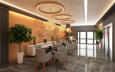 Warm Hotel Lobby with Wood Wall