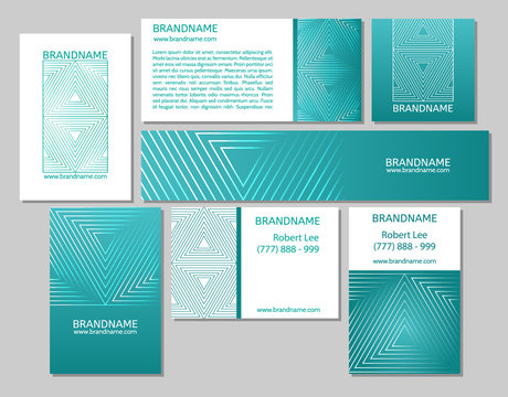 Vector set of business cards flayers banners with triangle pattern on a teal background.