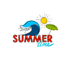 Summer doodle postcard. Hand-drawn wave, umprella and sun.