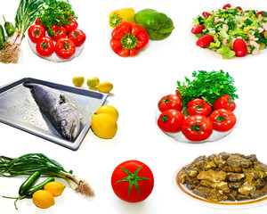 healthy diet food concept - vegetables fish and salad photo collage