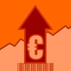 Euro sign on grow up arrow and bar code