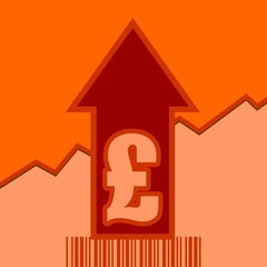 Pound sign on grow up arrow and bar code