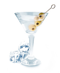 Delicious cocktail with olives and ice cubes in martini glass on a white background.
