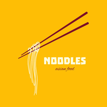 Chinese noodles and chopsticks poster. Chopsticks hovering in the air. Asian cuisine. Design template with place for your text.