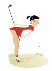 Pretty young women is playing golf 