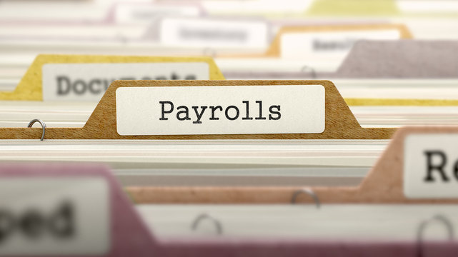 Folder in Colored Catalog Marked as Payrolls Closeup View. Selective Focus. 3D Render.