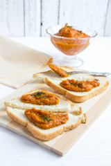 Toasted eggplant caviar on white wooden background