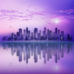 Plakat Modern night city landscape in moonlight or sunset, with reflection in water and cloudy sky