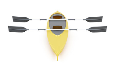 Double kayak with paddles isolated on a white background. Front view. Yellow canoe. 3d rendering