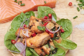 Spicy salmon salad delicious with raw salmon.