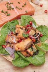 Spicy salmon salad delicious with raw salmon.