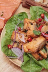 Spicy salmon salad delicious with raw salmon.