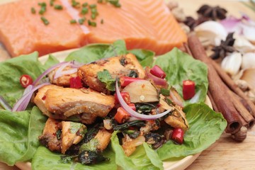 Spicy salmon salad delicious with raw salmon.